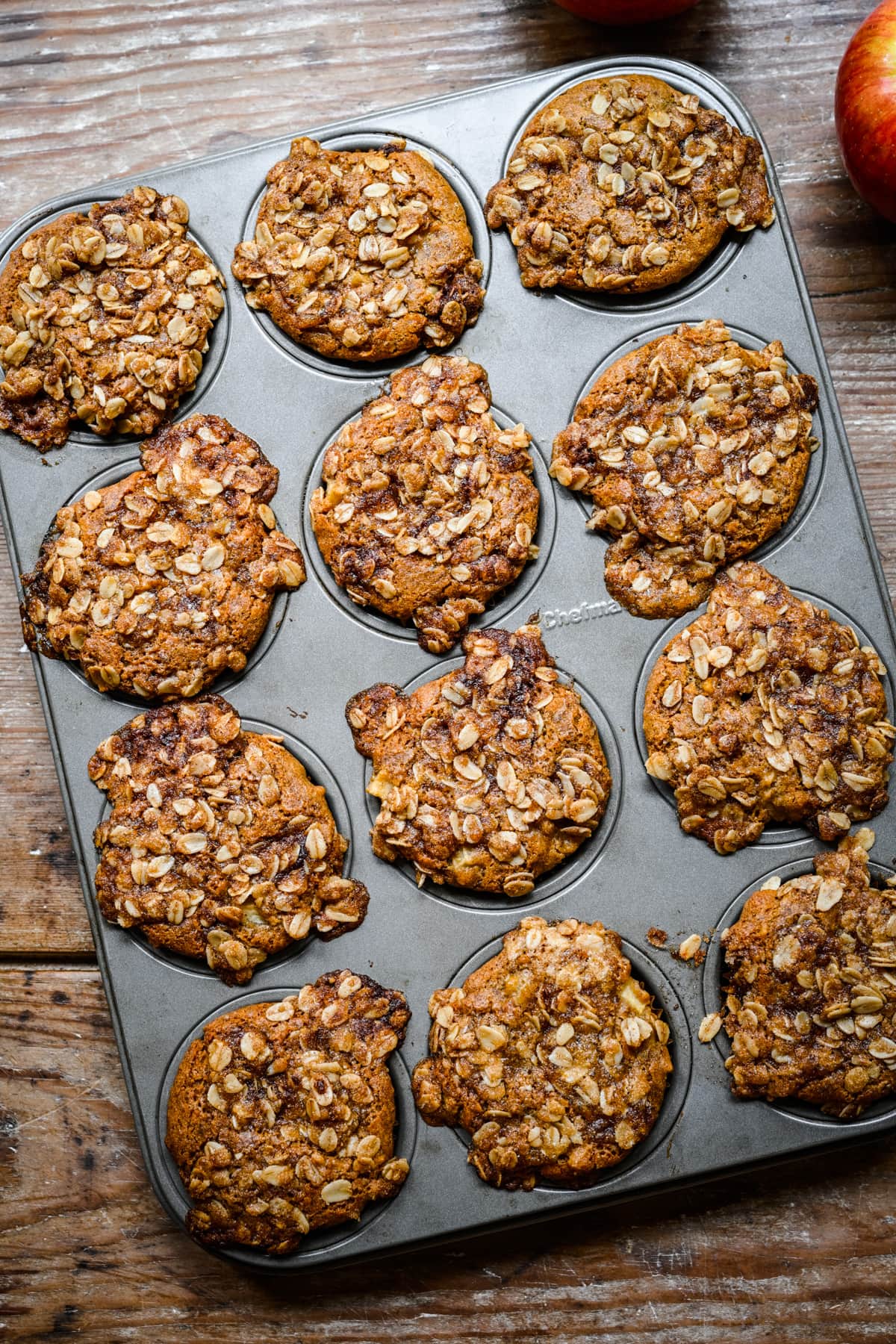 Overhead view of finished apple muffins.