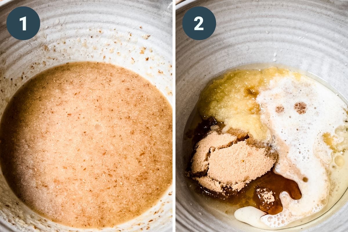 On the left: flax seed stirred together. On the right: mixing together wet ingredients.