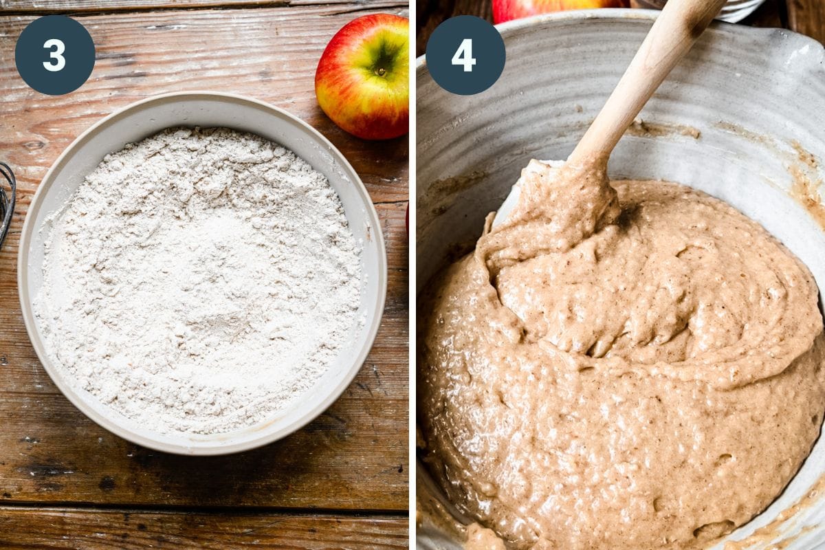 On the left: stirring together dry ingredients. On the right: combining wet and dry ingredients.