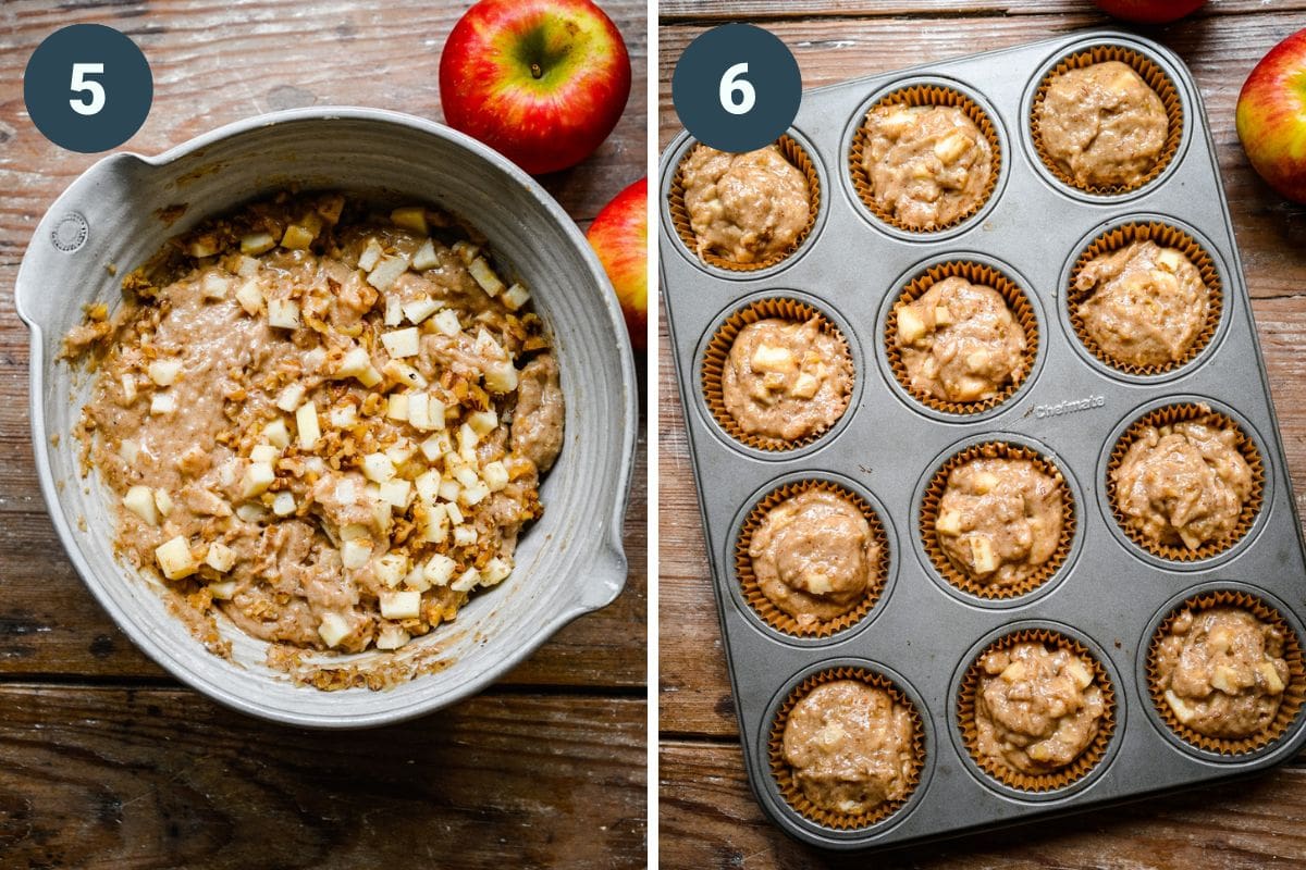 On the left: mixing in apples and walnuts. On the right: scooping batter into muffin tin.