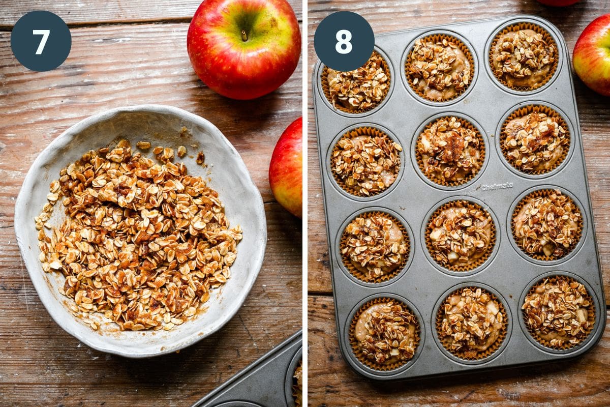 On the left: mixing together topping. On the right: adding toppings to the unbaked muffins.