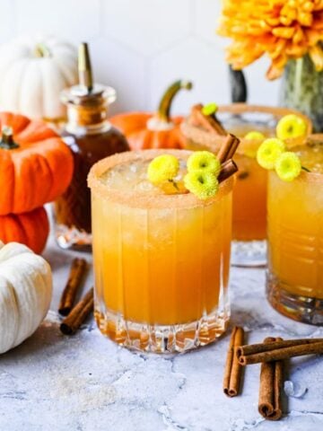 Close up view of a pumpkin spice margarita with pumpkins surrounding it.