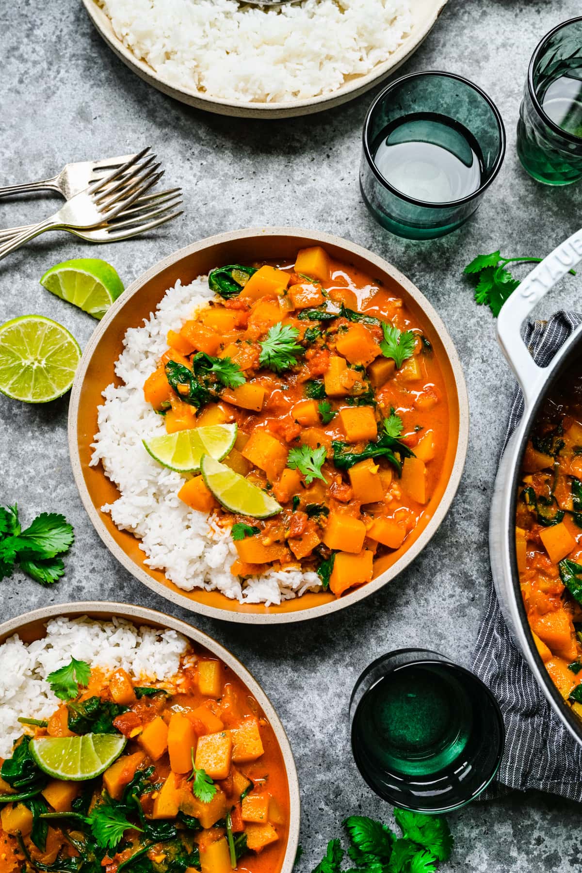 Overhead of butternut squash curry in bowls.