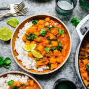 Overhead of finished butternut squash curry in bowls.