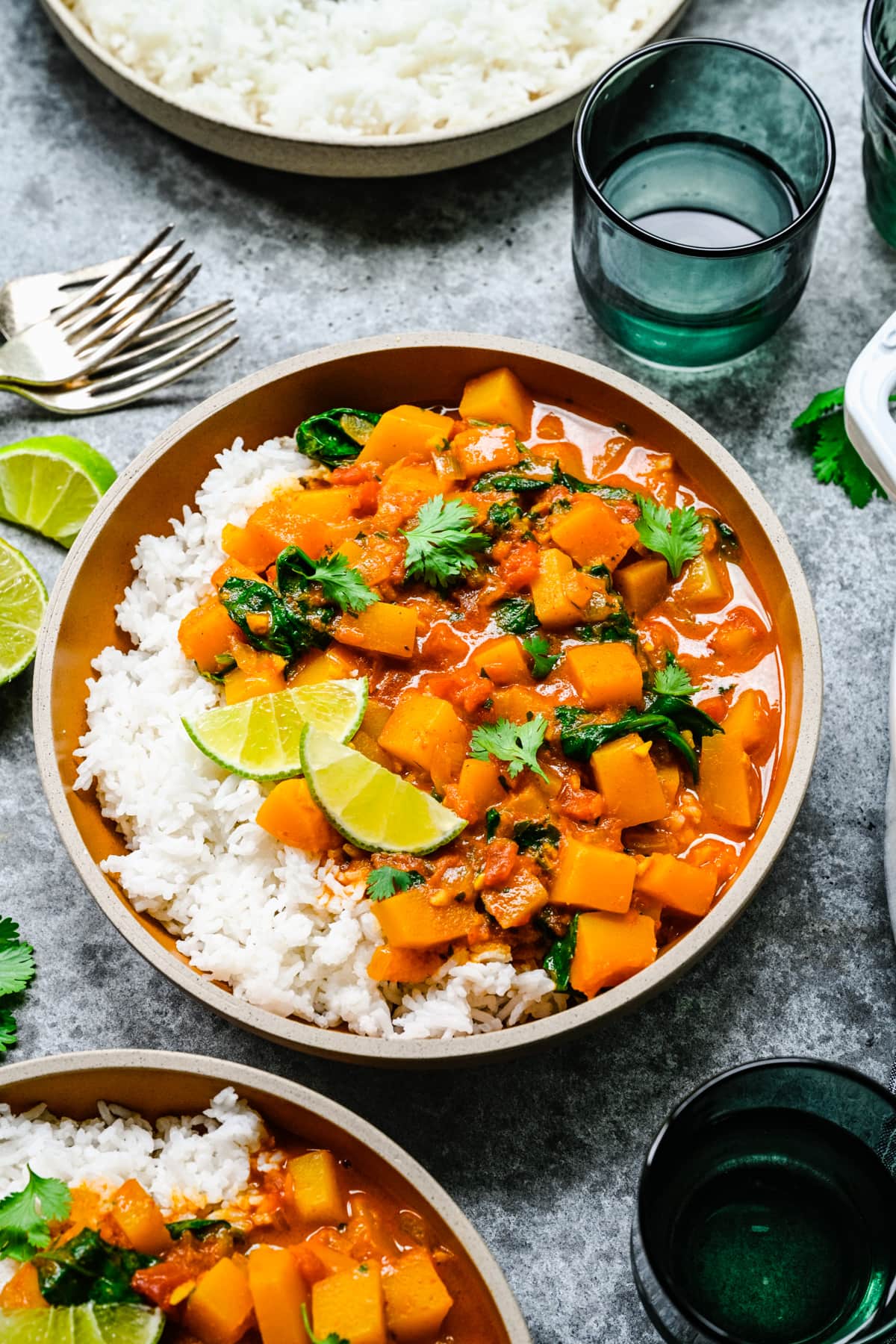 Angled overhead of the finished curry in a bowl.