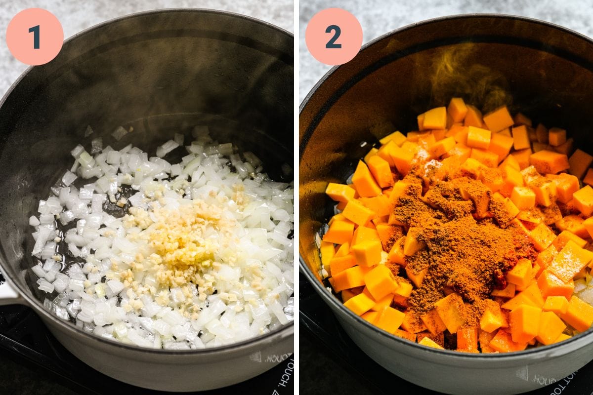 Left: onions in a pan. Right: adding in other ingredients to pan.