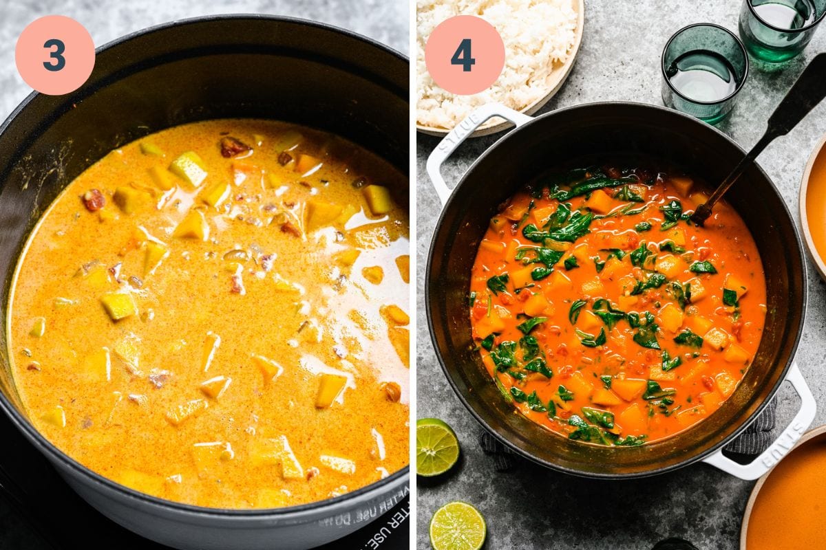 Left: adding the liquid ingredients in. Right: mixing in the spinach.