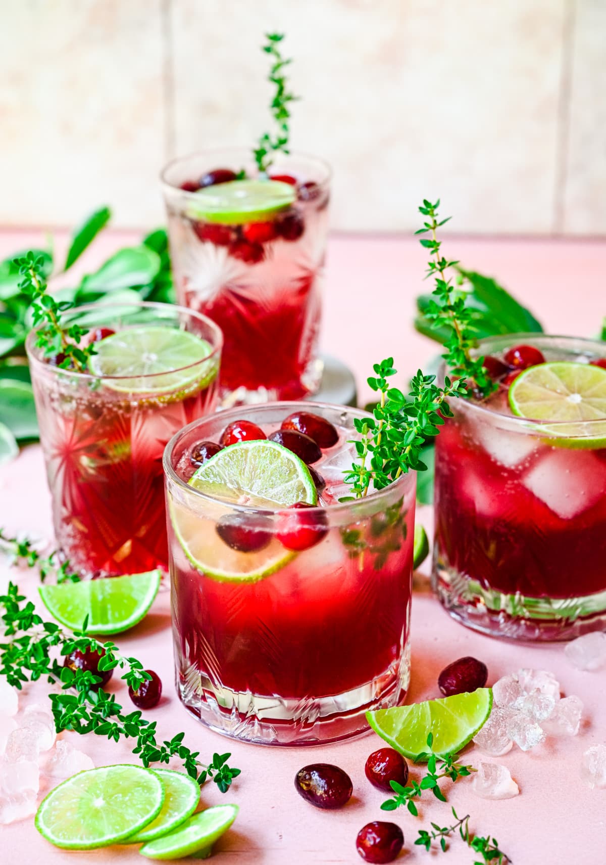 Finished cranberry gin cocktails with garnish and pink backdrop.