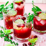 Close up of finished cranberry gin cocktails with garnish.