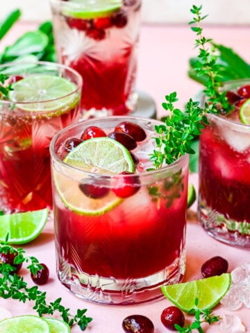 Close up of finished cranberry gin cocktails with garnish.