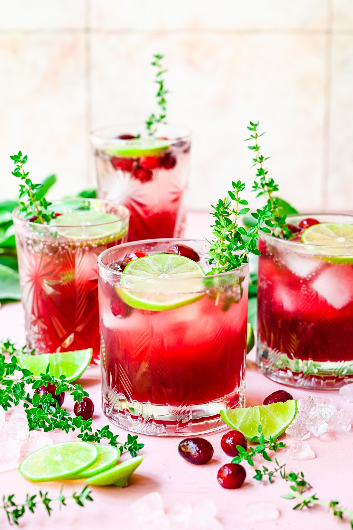 Front view of finished cranberry gin cocktails.