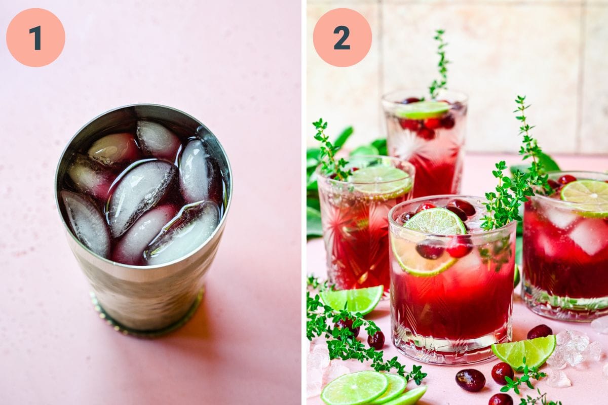 Left: cocktail ingredients in a shaker. Right: finished cocktails in glasses.