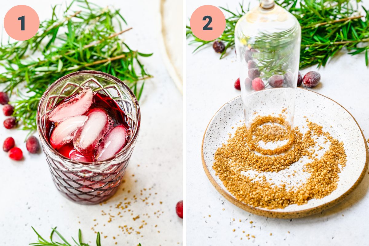 Left: mixing together the ingredients.  Right: lining the glass rim.