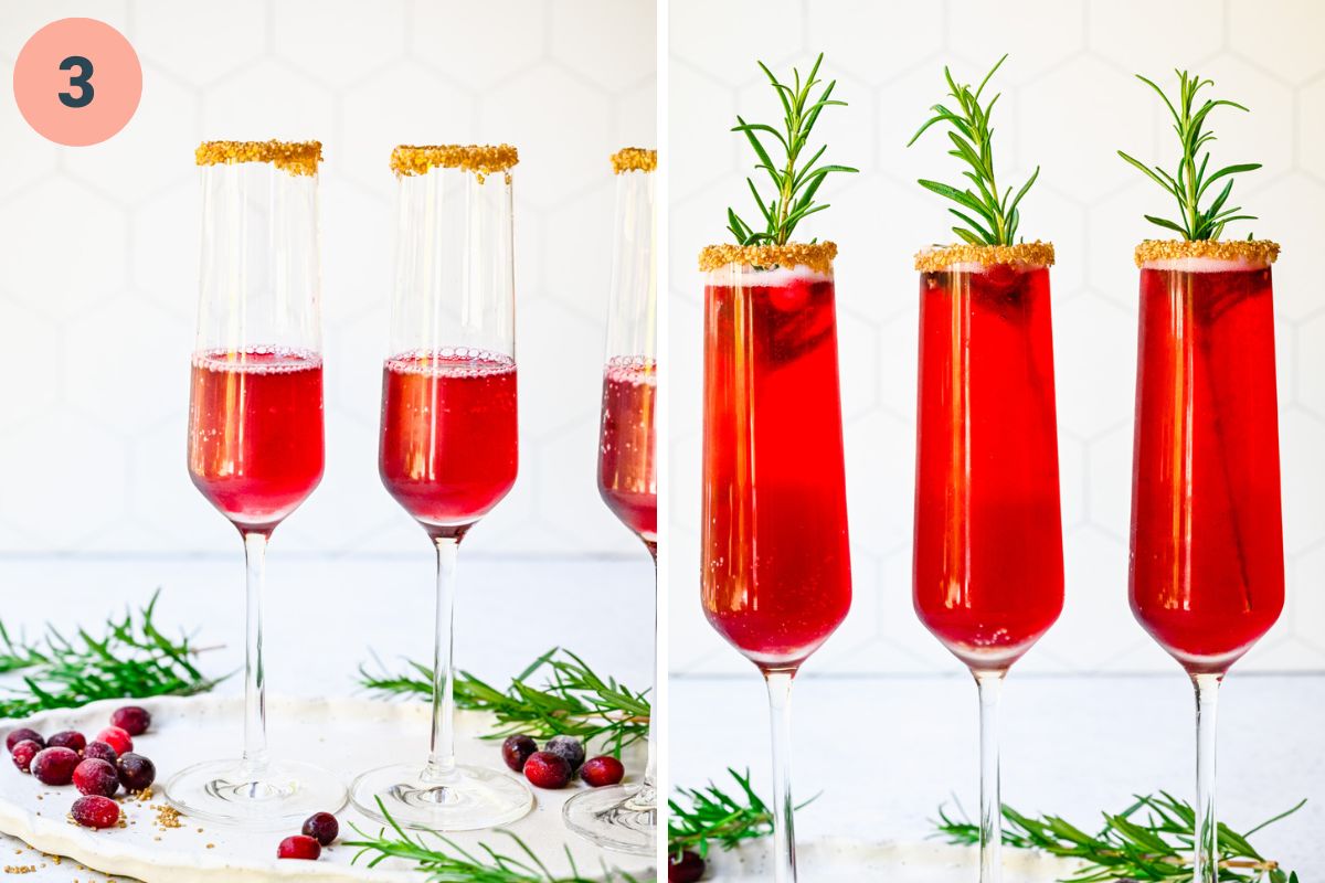 Left: cranberry mimosa without sparkling wine. Right: finished mimosas.