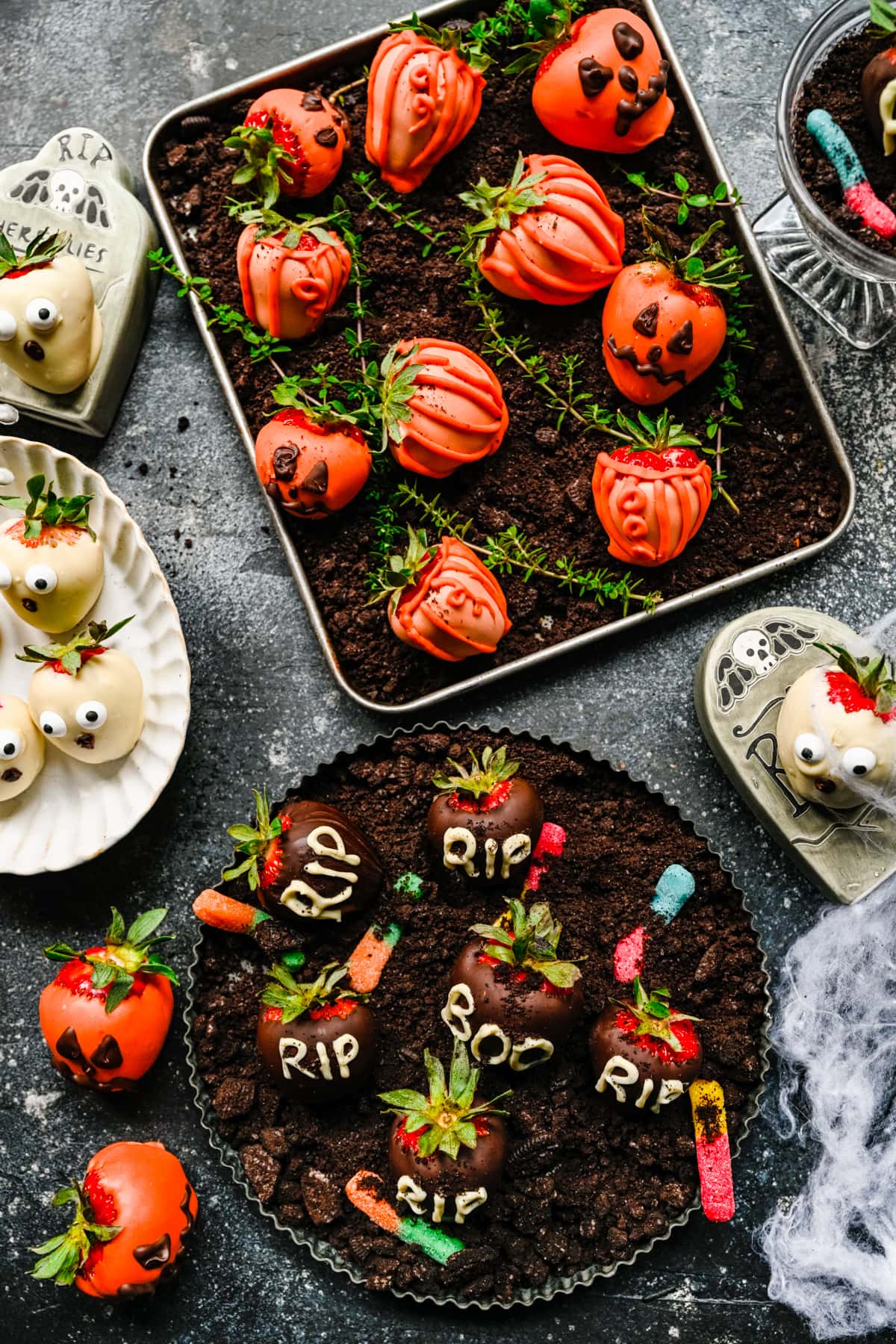 Overhead of the finished Halloween strawberries.