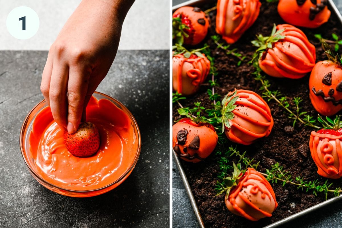 Left: dipping the strawberries in orange chocolate: Right: pumpkin strawberries.