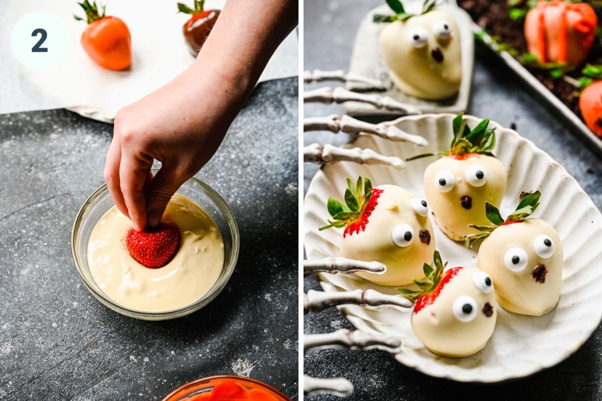 Right: dipping the strawberries in white chocolate. Left: finished ghost strawberries.