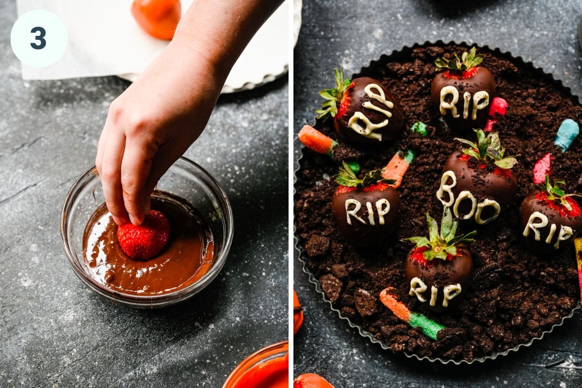 Left: dipping the strawberries in chocolate. Left: finished tombstone strawberries.