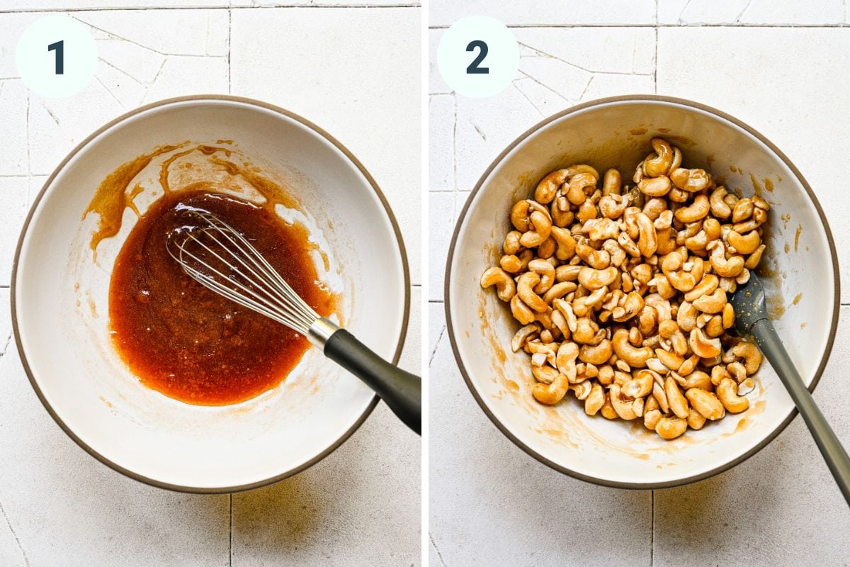 Left: mixing the coating for the cashews. Right: covering the cashews in the coating.