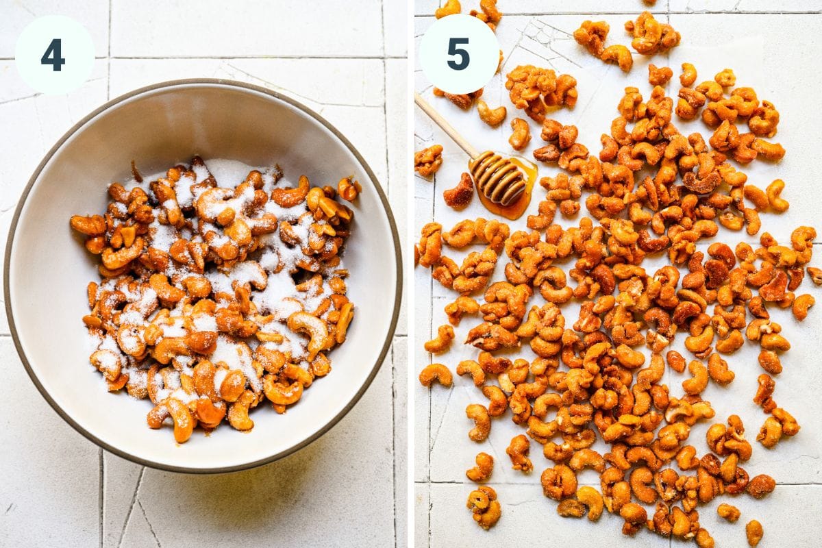 Left: coating cashews in sugar. Right: finished cashews spread out.