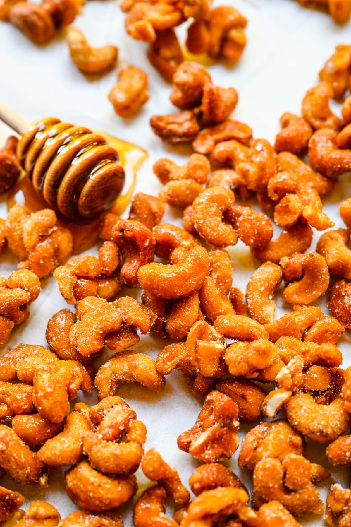 Close up of finished honey roasted cashews.