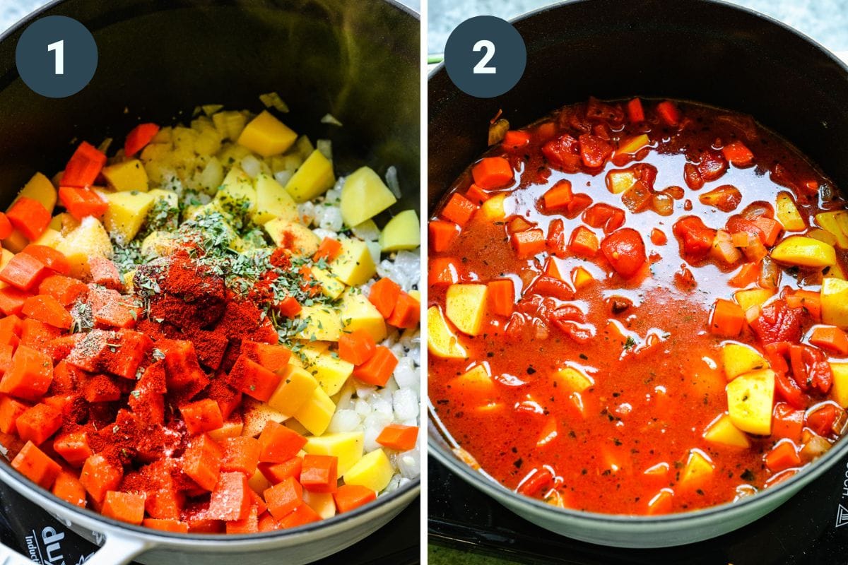 Left: adding the veggies and spices to pot for the stew. Right: adding in the liquid ingredients.
