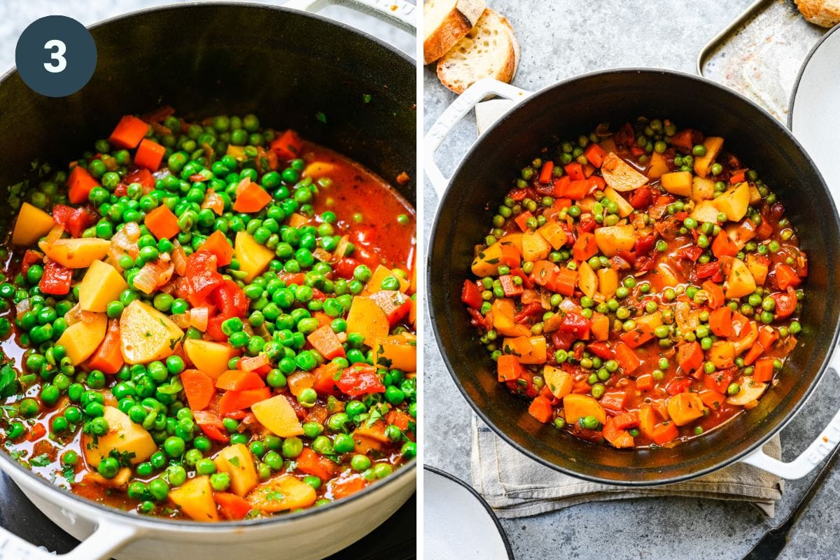 Left: adding in the peas and herbs to stew. Right: finished pea stew.
