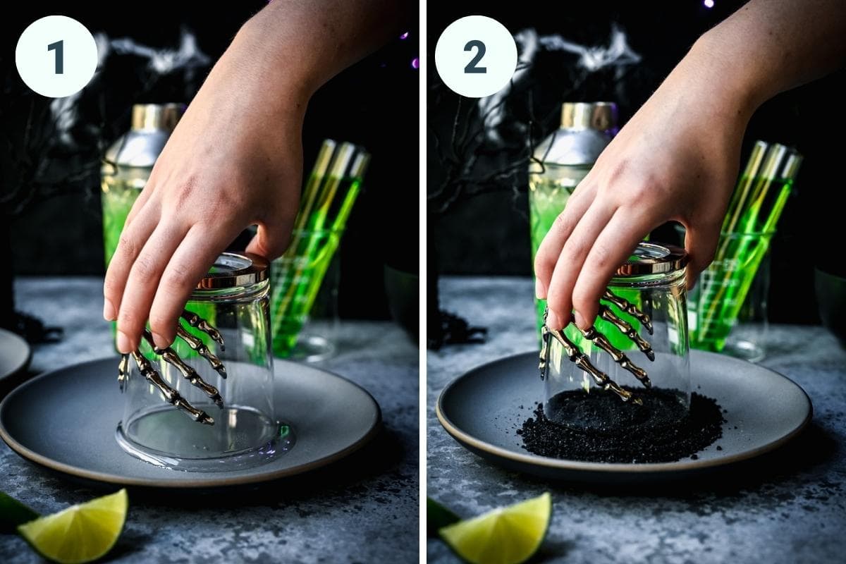 Rimming cocktail glass in simple syrup and black salt.