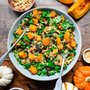 Close up of the finished pumpkin quinoa salad in a blue bowl.