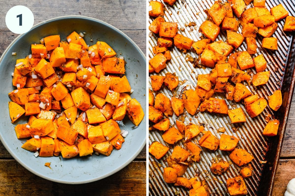 Left: pumpkin with spices before roasting. Right: pumpkin on sheet pan after roasting.
