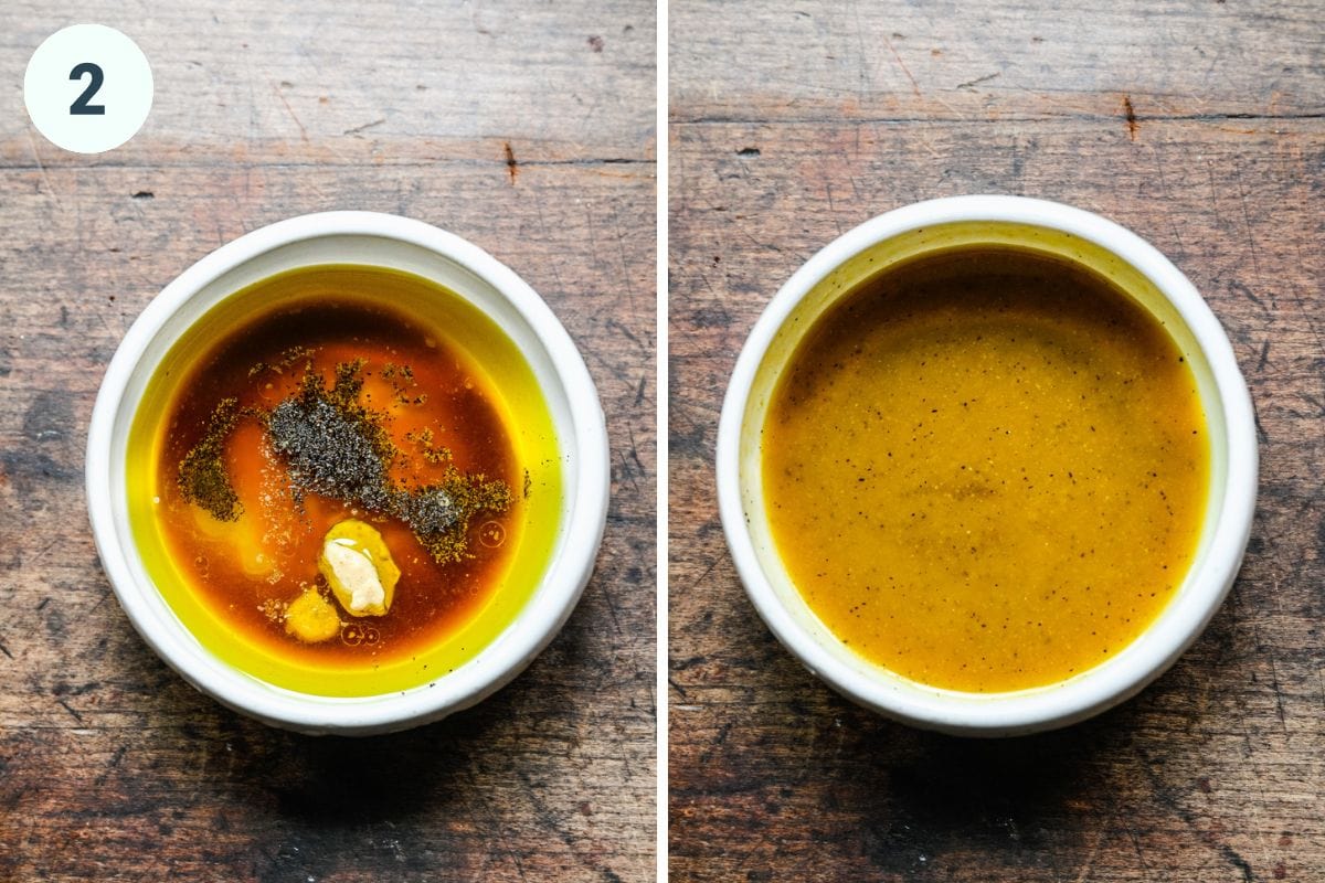 Left: dressing in a bowl prior to whisking. Right: dressing in bowl after whisking.