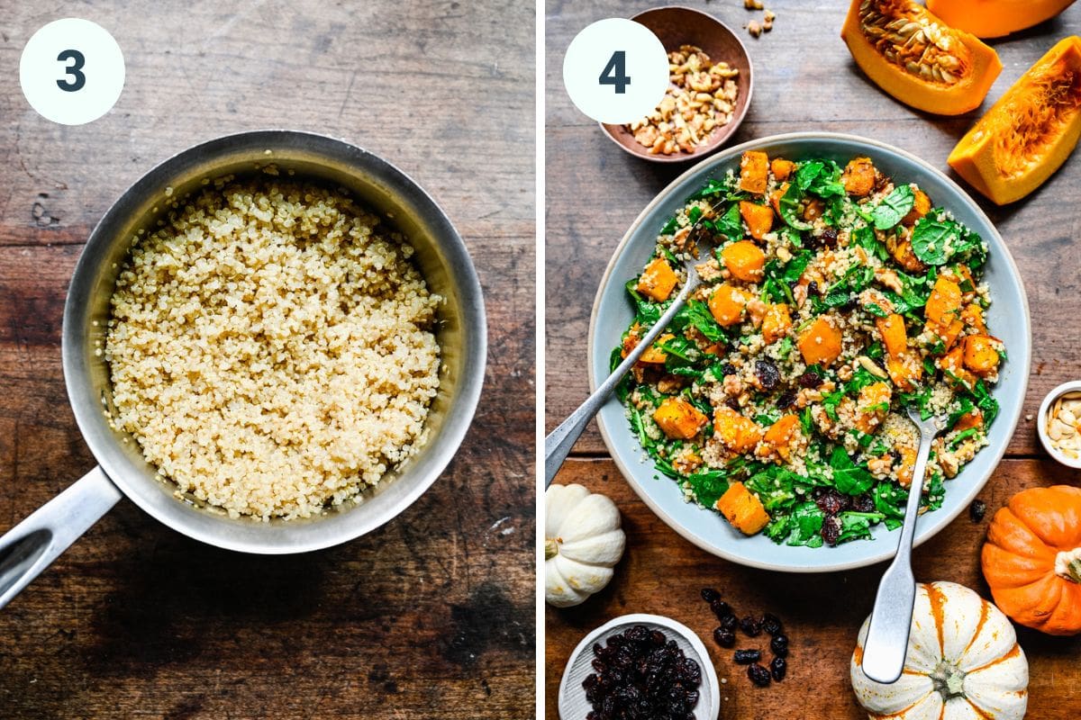Left: cooked quinoa in a saucepan. Right: finished salad in a bowl.