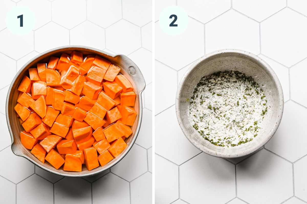 Left: soaking the sweet potatoes in water. Right: making the coating.