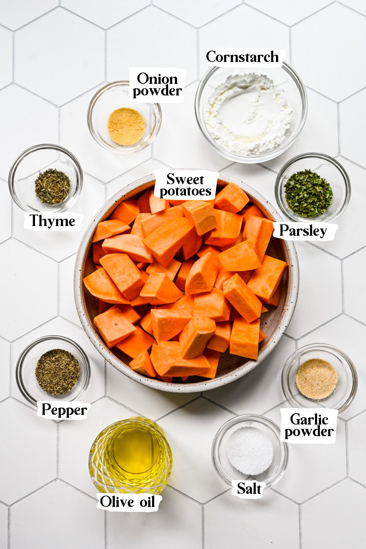 Roasted sweet potato ingredients including sweet potatoes and olive oil.