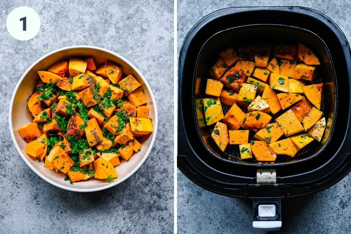 Left: squash being coated in ingredients. Right: squash placed in air fryer.