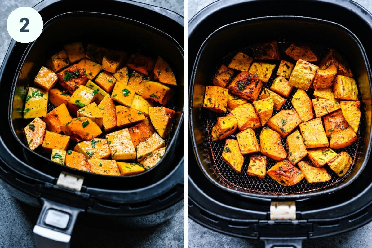 Butternut squash in the air fryer at two different stages.