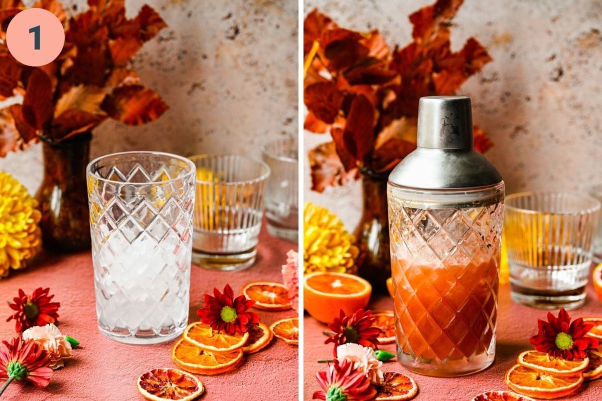 Left: cocktail shaker full of ice. Right: ingredients in the cocktail shaker.