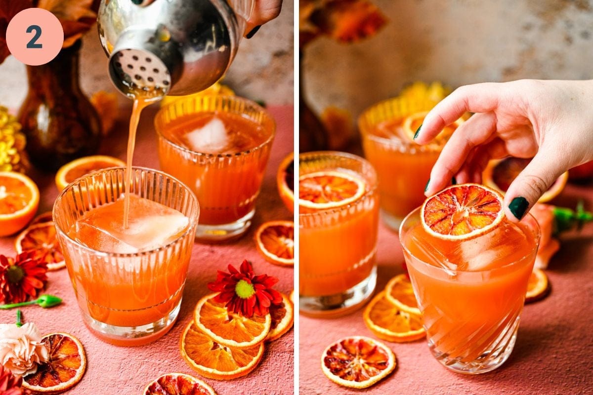 Left: pouring the cocktail into the glass. Right: adding a orange garnish on top.