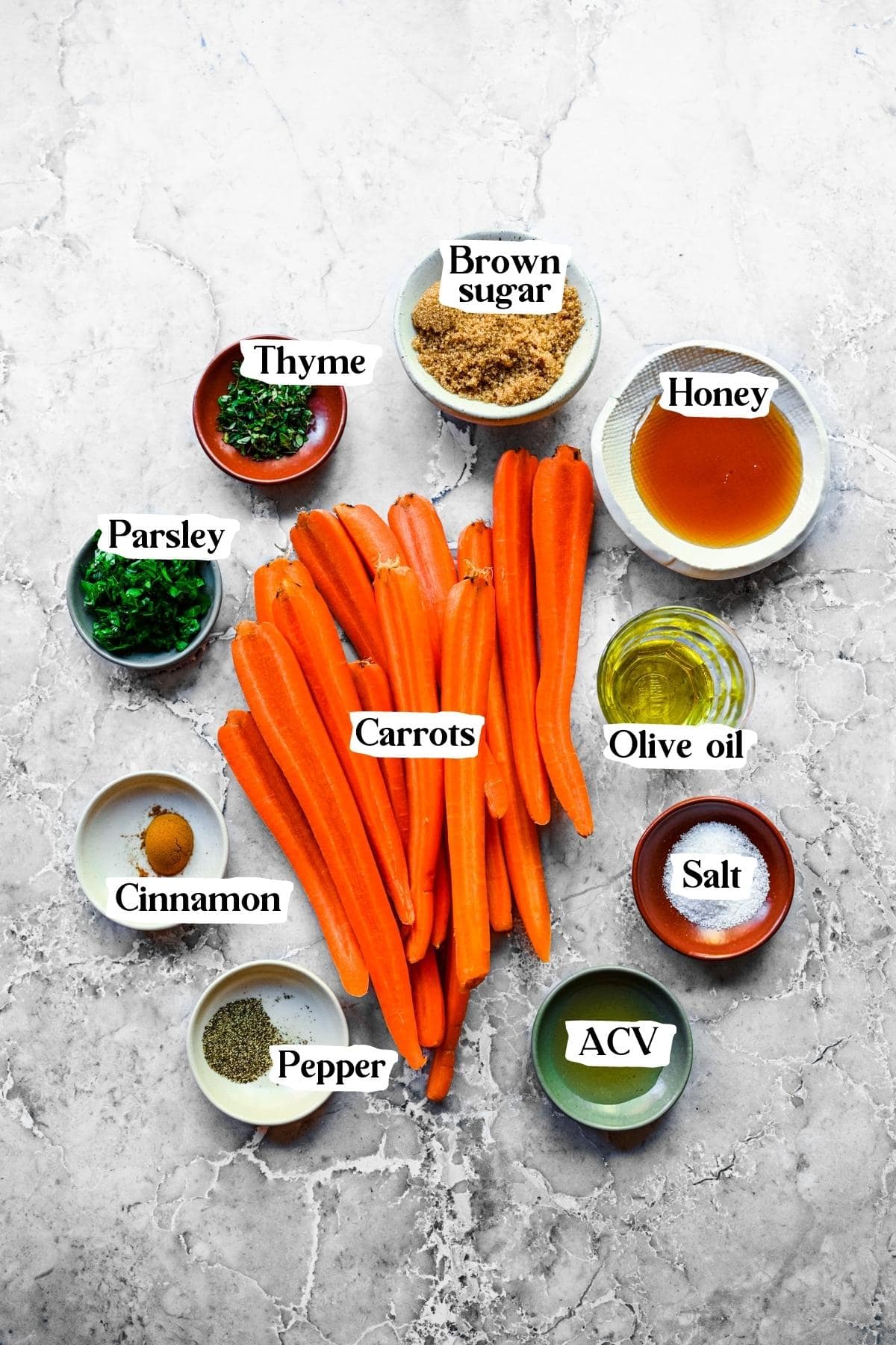 Overhead view of brown sugar honey glazed carrots ingredients
