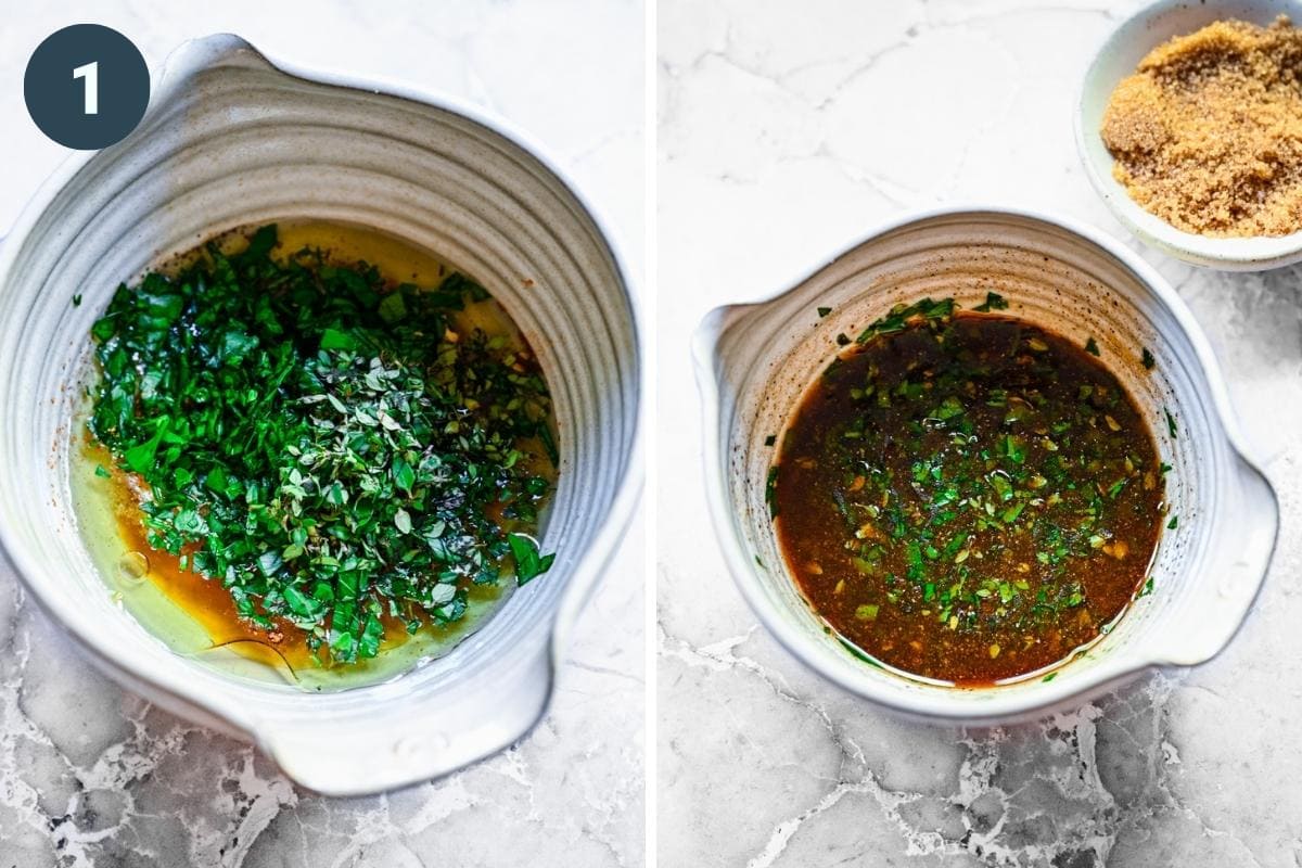 Overhead view of stirring honey glaze ingredients together.