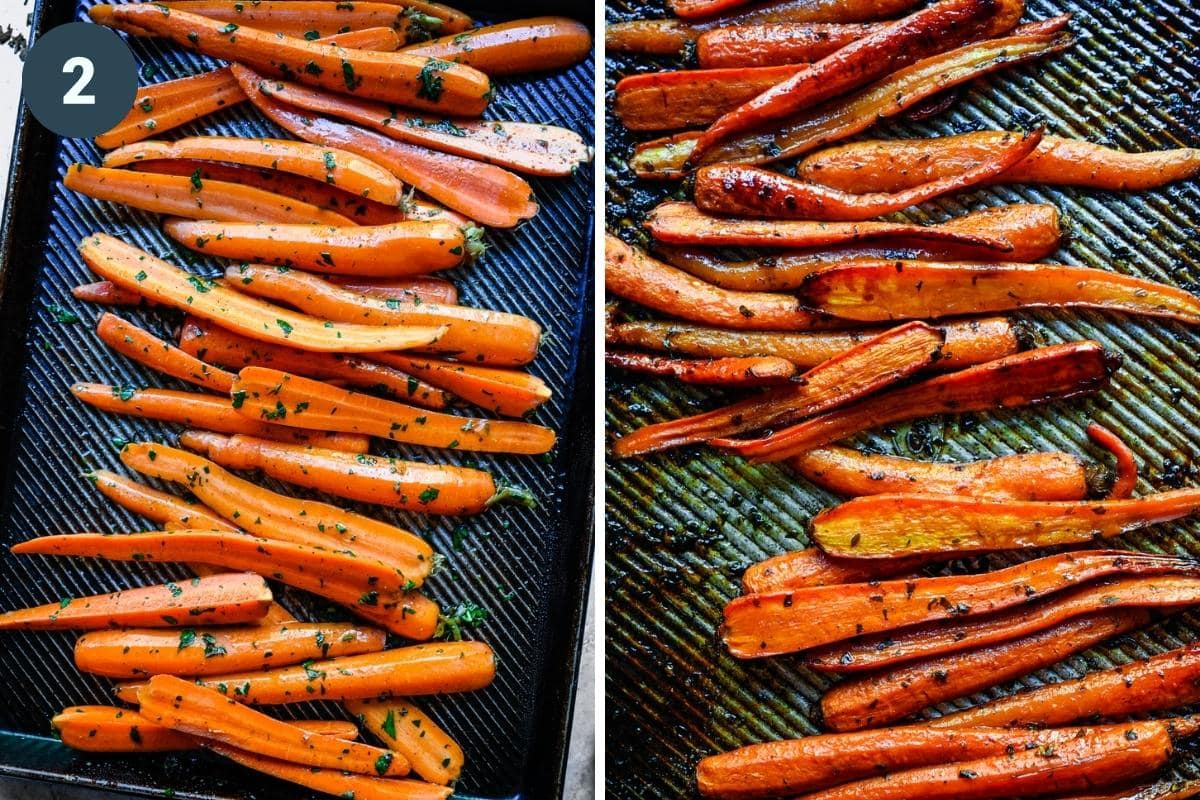 Overhead view of cooking carrots before and after.
