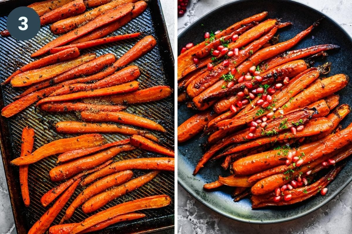 Overhead view of adding brown sugar to carrots and finishing cooking.