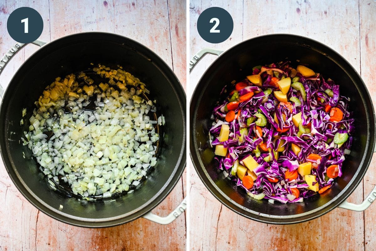 Left: onions in the pot. Right: adding in the cabbage and other ingredients.