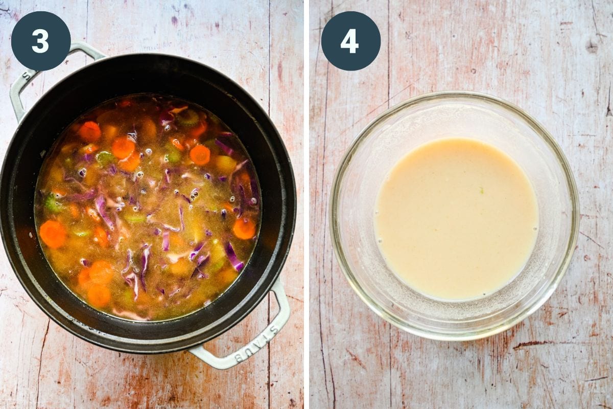 Left: adding the liquids into the soup. Right: mixing the broth and flour together.