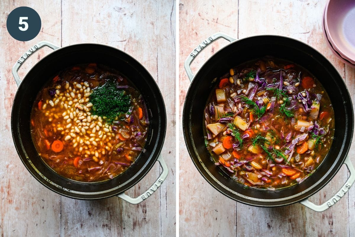 Adding in the beans and dill to the soup.