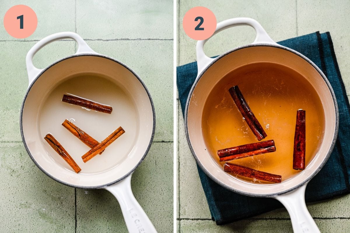 Left: cinnamon simple syrup before heating. Right: cinnamon simple syrup after heating.