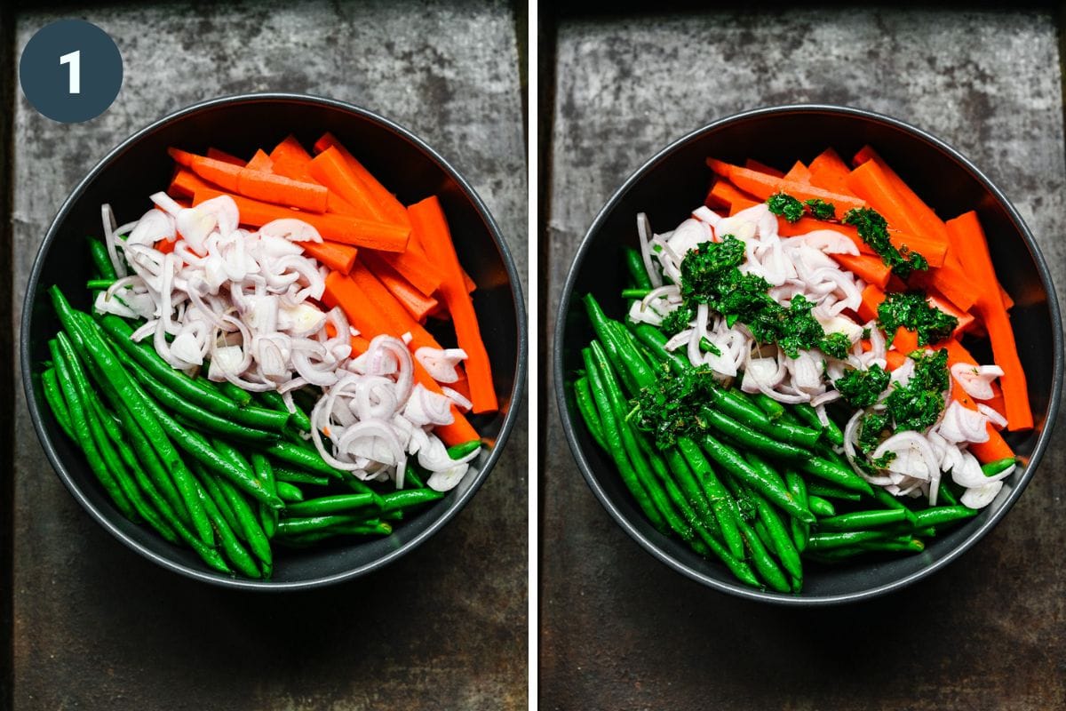 Combining carrots, green beans, shallots and herbs in a bowl.