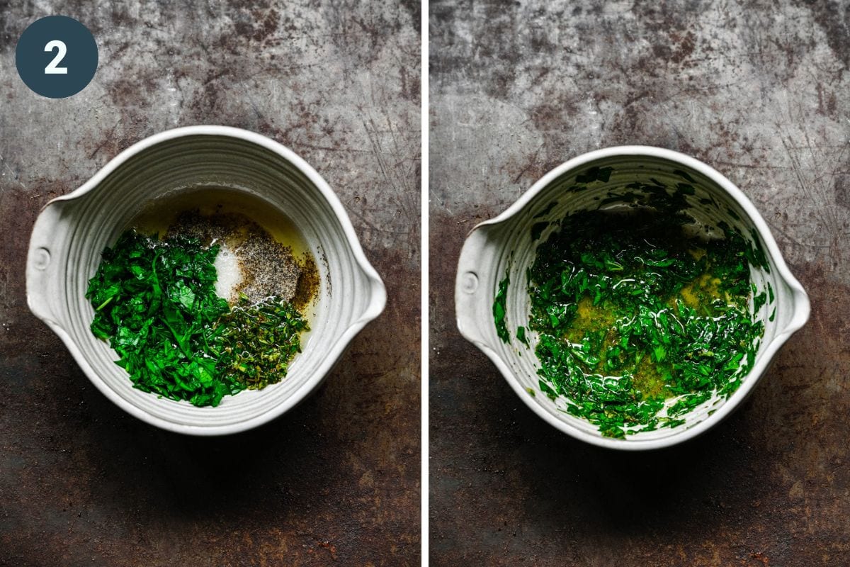 Left: ingredients for the dressing in a bowl. Right: whisked together ingredients.