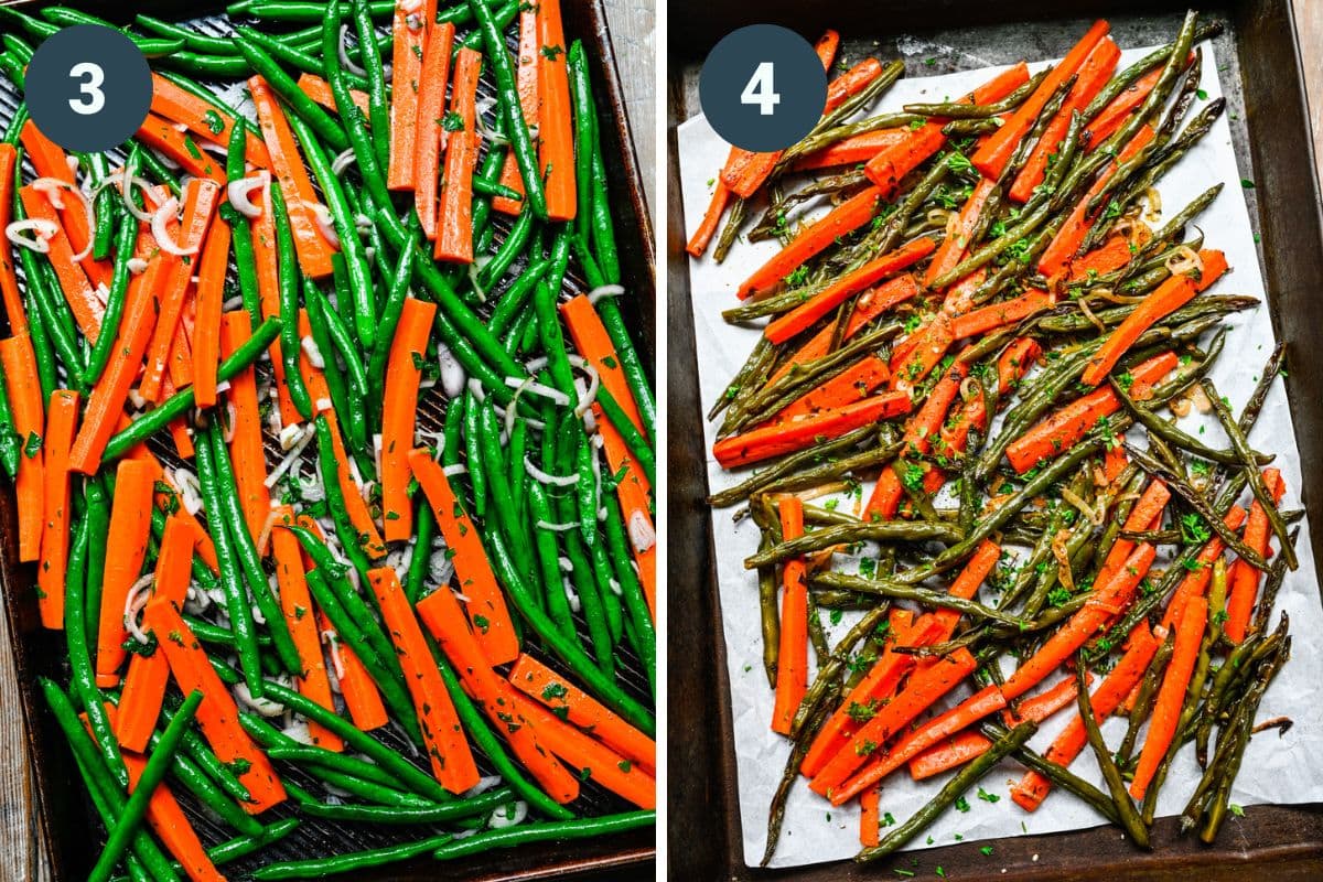 Left: veggies on sheet pan before roasting. Right: veggies on sheet pan after roasting.