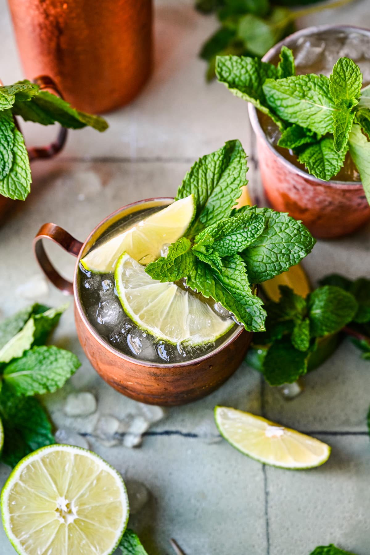 Overhead view of kentucky mule with lime and mint garnish.